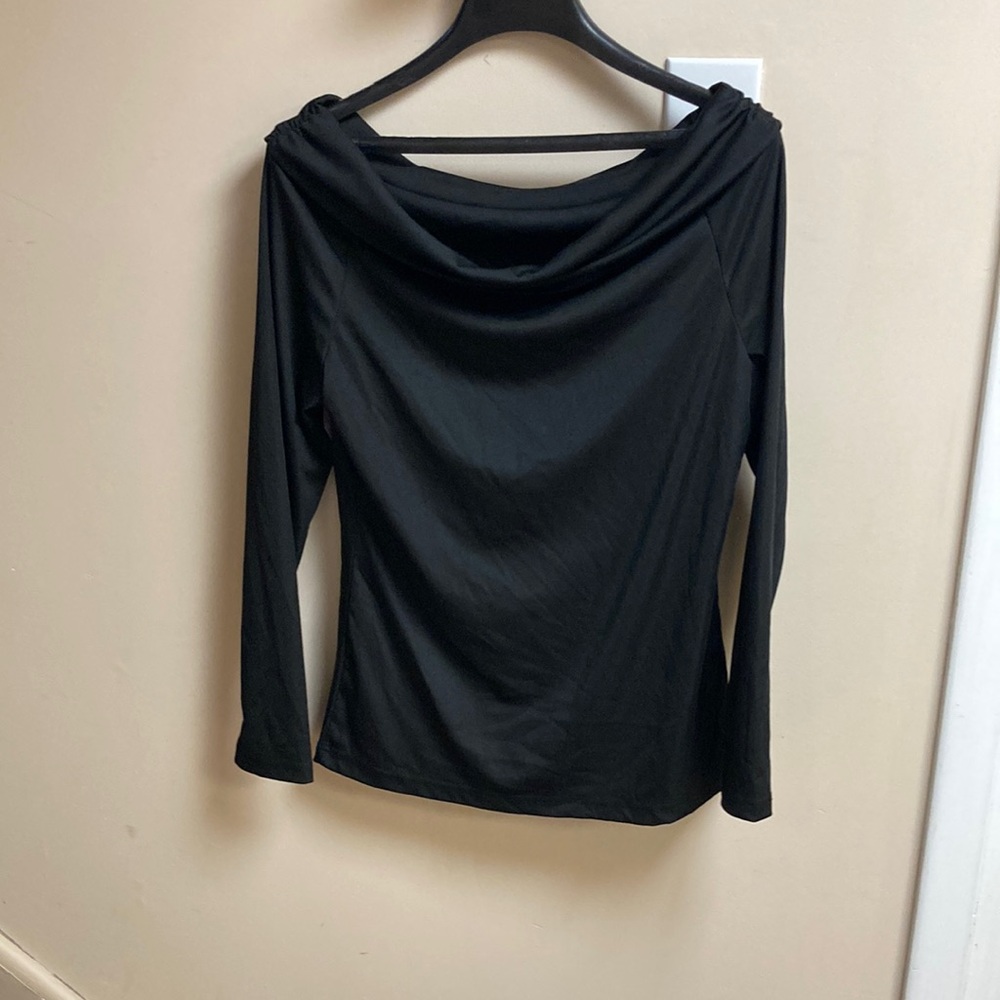 Black Draped Neck Long-Sleeve Women's Top